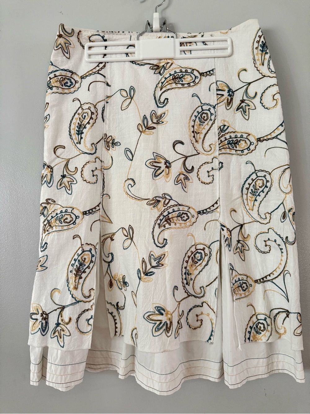 Vtg Lana Lee Paisley Embroidered Cotton Midi Skirt White 8 Boho Cottagecore 🇨🇦